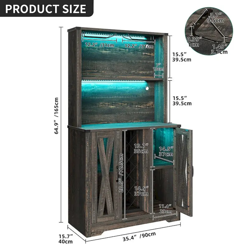 Meuble de bar de ferme avec casier à vin et lumières LED, Buffet de rangement