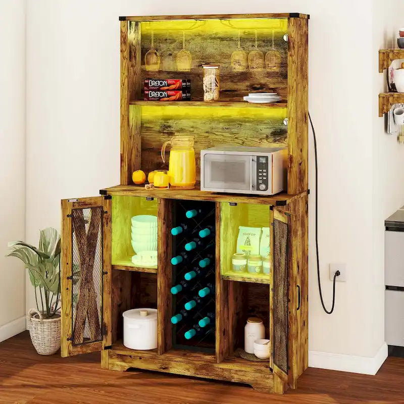 Meuble de bar de ferme avec casier à vin et lumières LED, Buffet de rangement