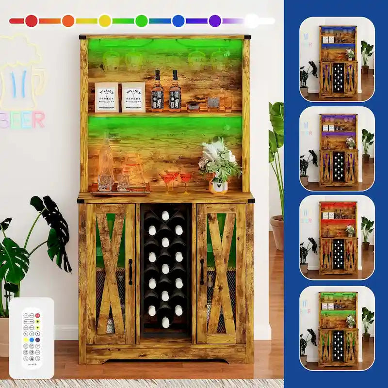 Meuble de bar de ferme avec casier à vin et lumières LED, Buffet de rangement