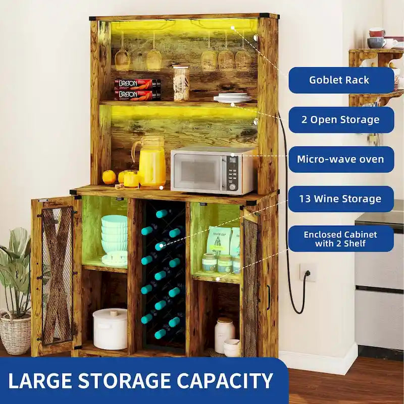 Meuble de bar de ferme avec casier à vin et lumières LED, Buffet de rangement