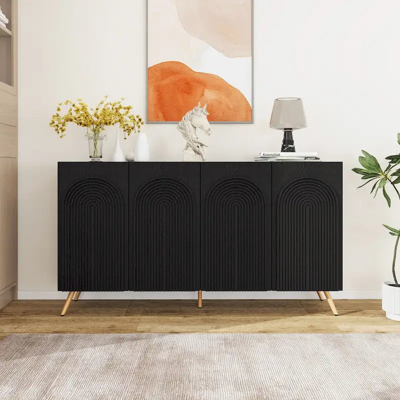 Arch 3D Carved 4 Door Sideboard, Sideboard Buffet Cabinet With Storage, Modern Coffee Bar Cabinet With Adjustable Shelf